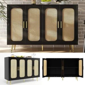 Laag dressoir met 4 rotan deuren - 120 x 30 x 89 cm - MDF hout en gouden poten - Zwart Merax