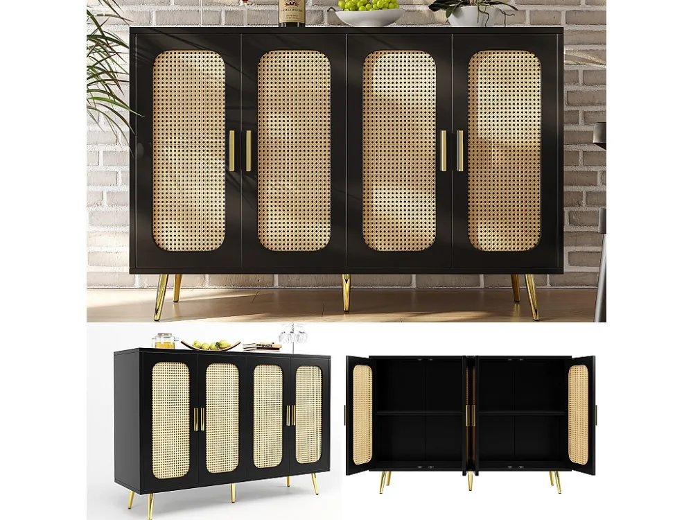 Laag dressoir met 4 rotan deuren - 120 x 30 x 89 cm - MDF hout en gouden poten - Zwart Merax