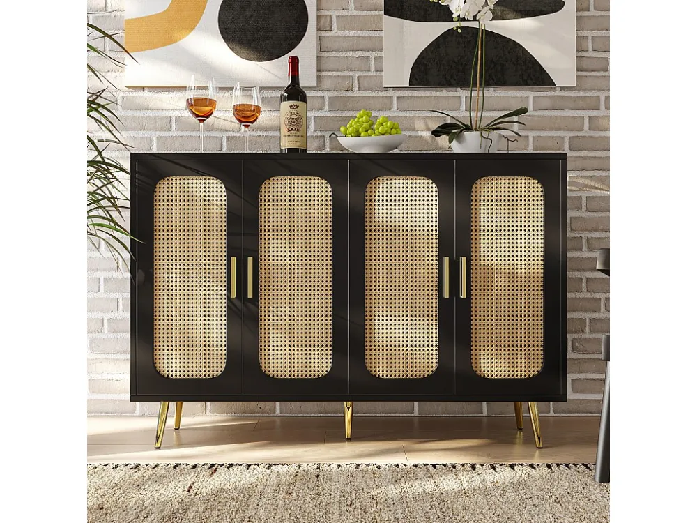 Laag dressoir met 4 rotan deuren - 120 x 30 x 89 cm - MDF hout en gouden poten - Zwart Merax