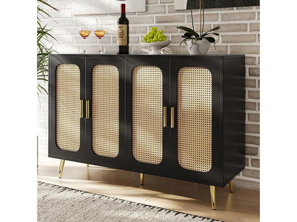 Laag dressoir met 4 rotan deuren - 120 x 30 x 89 cm - MDF hout en gouden poten - Zwart Merax