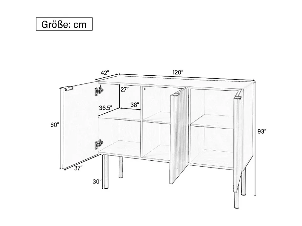Modern dressoir met 3 deuren - 120 x 42 x 93 cm - MDF - Verstelbare planken en metalen poten - Zwart Merax