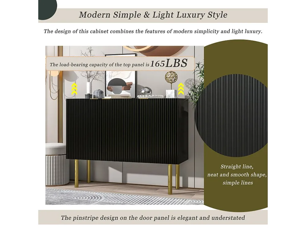 Modern dressoir met 3 deuren - 120 x 42 x 93 cm - MDF - Verstelbare planken en metalen poten - Zwart Merax