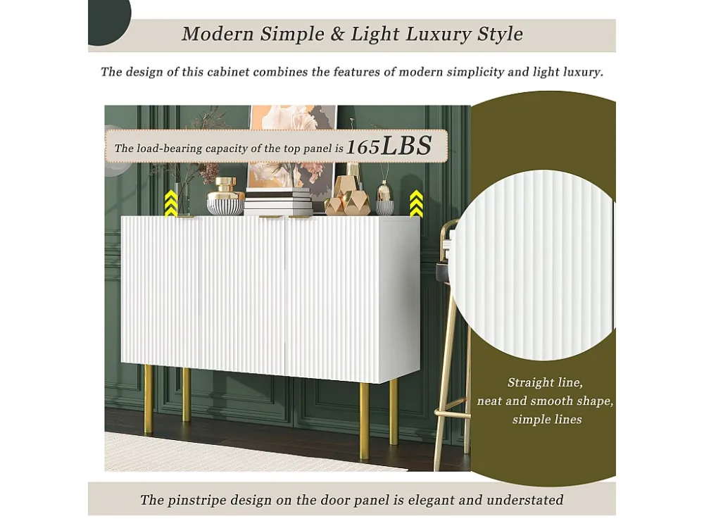 Modern dressoir met 3 deuren - 120 x 42 x 93 cm - MDF - Verstelbare planken en metalen poten - Wit Merax