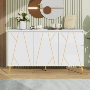 Modern dressoir met 3 deuren - 140 x 40 x 80 cm - MDF en metaal - voor woonkamer keuken - Wit en goud Merax