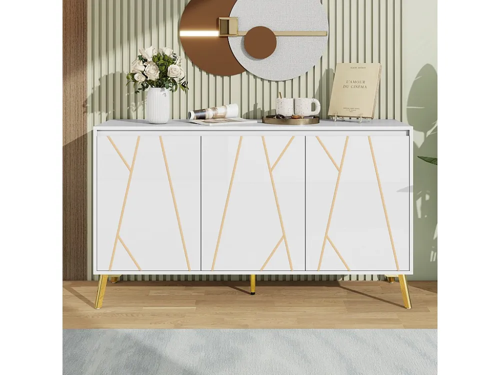 Modern dressoir met 3 deuren - 140 x 40 x 80 cm - MDF en metaal - voor woonkamer keuken - Wit en goud Merax