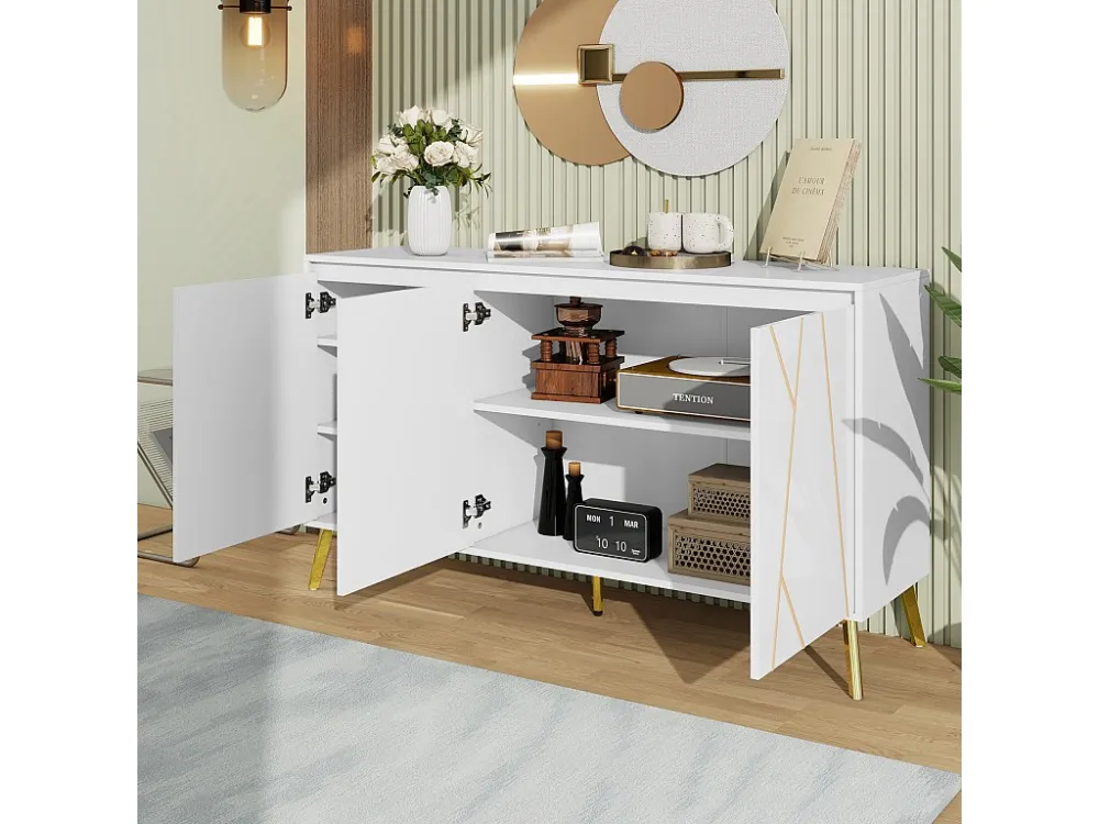 Modern dressoir met 3 deuren - 140 x 40 x 80 cm - MDF en metaal - voor woonkamer keuken - Wit en goud Merax
