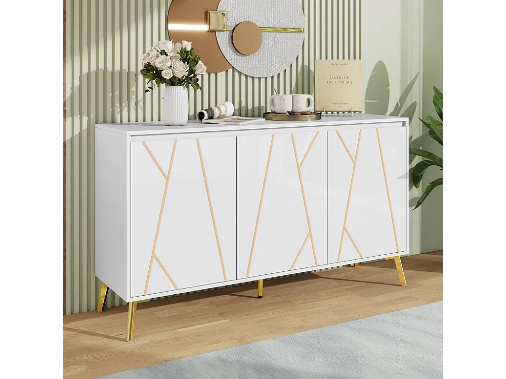 Modern dressoir met 3 deuren - 140 x 40 x 80 cm - MDF en metaal - voor woonkamer keuken - Wit en goud Merax