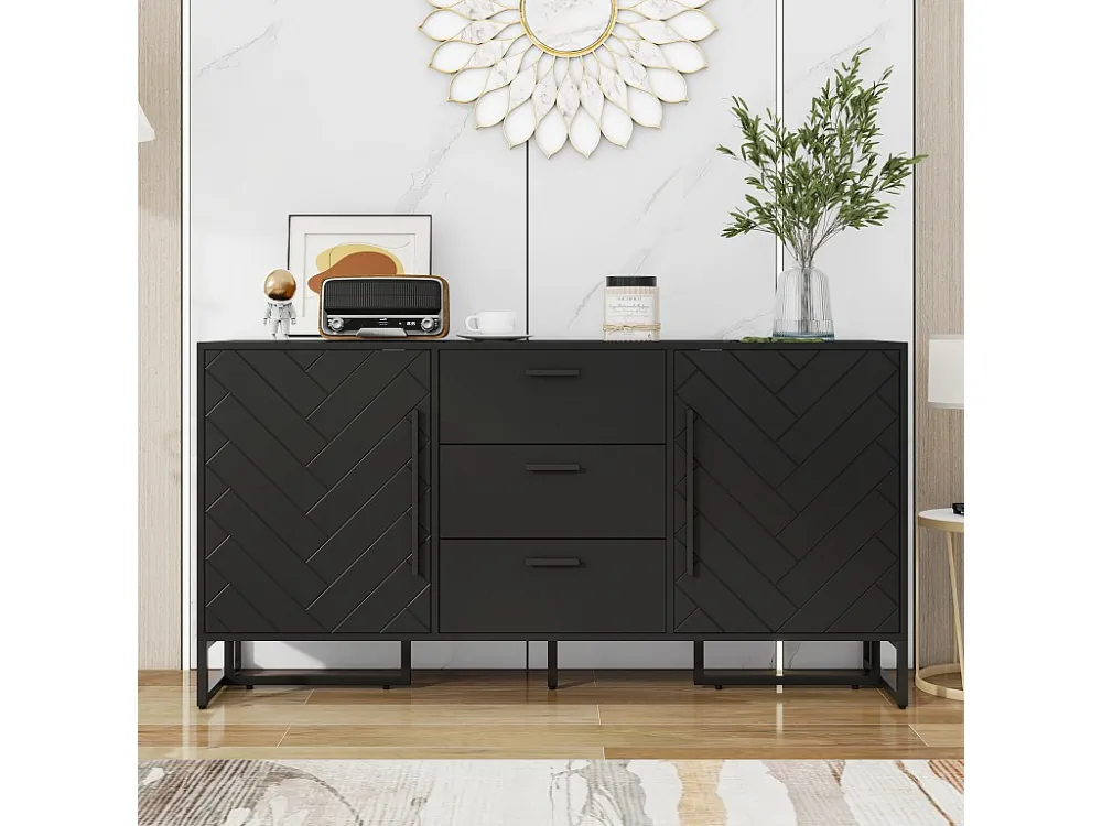 Modern dressoir met 2 deuren en 3 lades - 145 x 40 x 75 cm - MDF - voor woonkamer keuken - Zwart Merax