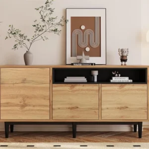 Modern dressoir met 3 deuren en plank - MDF hout - kleur naturel en zwart - 160 x 35 x 76 cm Merax