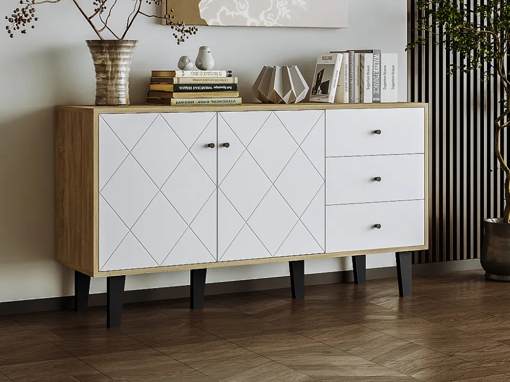 Modern dressoir met veel opbergruimte, 2 deuren en 3 lades met verstelbare plank voor eetkamer, woonkamer keuken, wit Merax