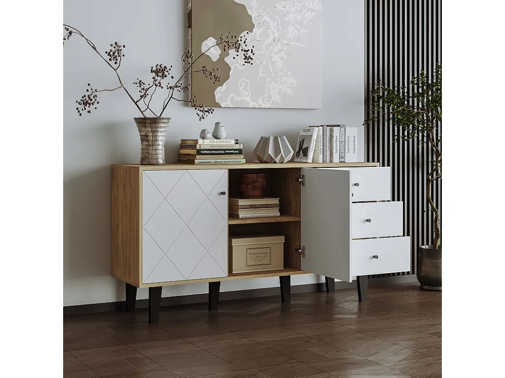 Modern dressoir met veel opbergruimte, 2 deuren en 3 lades met verstelbare plank voor eetkamer, woonkamer keuken, wit Merax