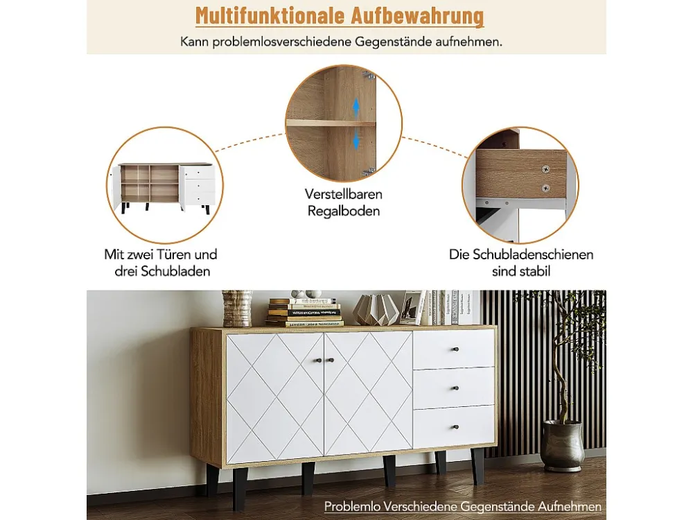 Modern dressoir met veel opbergruimte, 2 deuren en 3 lades met verstelbare plank voor eetkamer, woonkamer keuken, wit Merax
