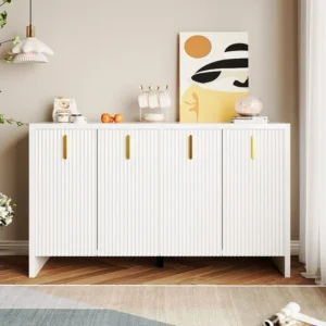 Modern laag dressoir met 4 deuren - Gouden handgrepen - Verticaal gestreept patroon - Spaanplaat - Wit Merax