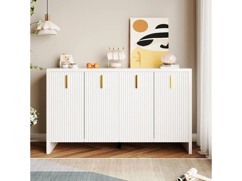 Modern laag dressoir met 4 deuren - Gouden handgrepen - Verticaal gestreept patroon - Spaanplaat - Wit Merax