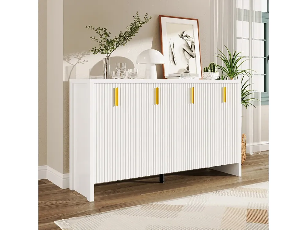 Modern laag dressoir met 4 deuren - Gouden handgrepen - Verticaal gestreept patroon - Spaanplaat - Wit Merax