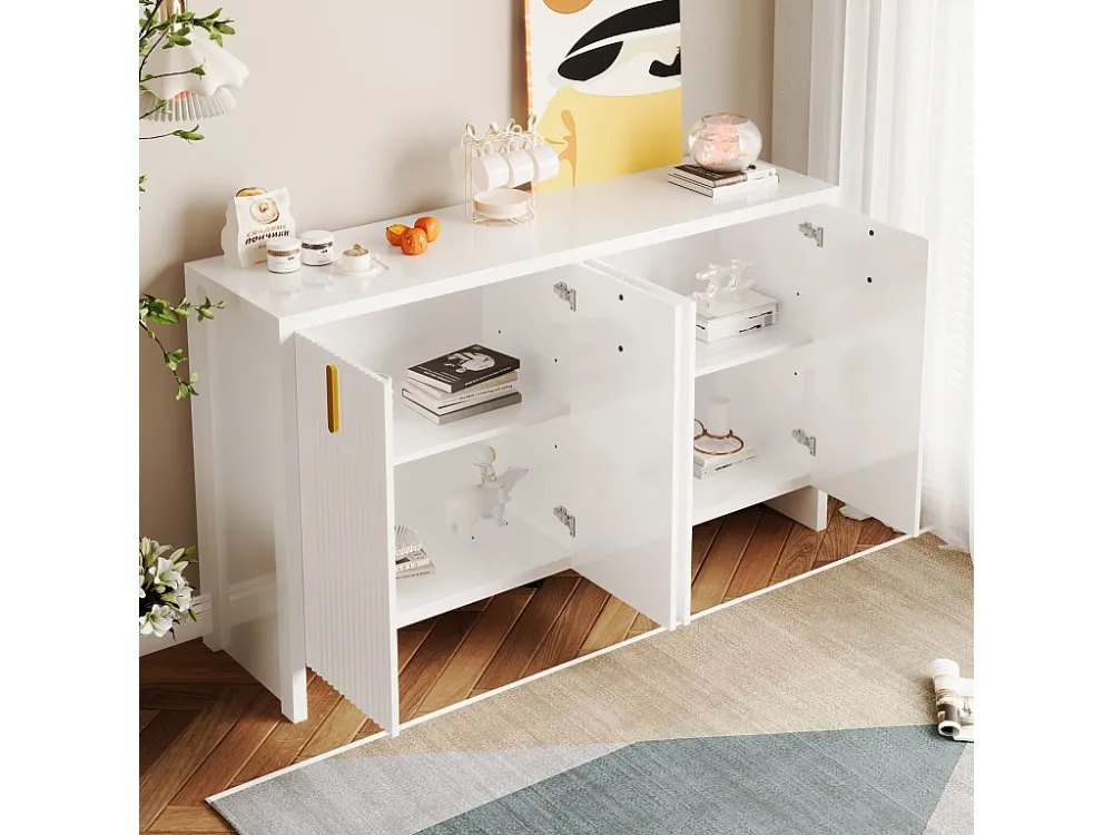 Modern laag dressoir met 4 deuren - Gouden handgrepen - Verticaal gestreept patroon - Spaanplaat - Wit Merax