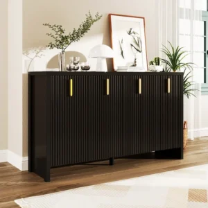 Modern laag dressoir met 4 deuren - Gouden handgrepen - Verticaal gestreept patroon - Spaanplaat - Zwart Merax