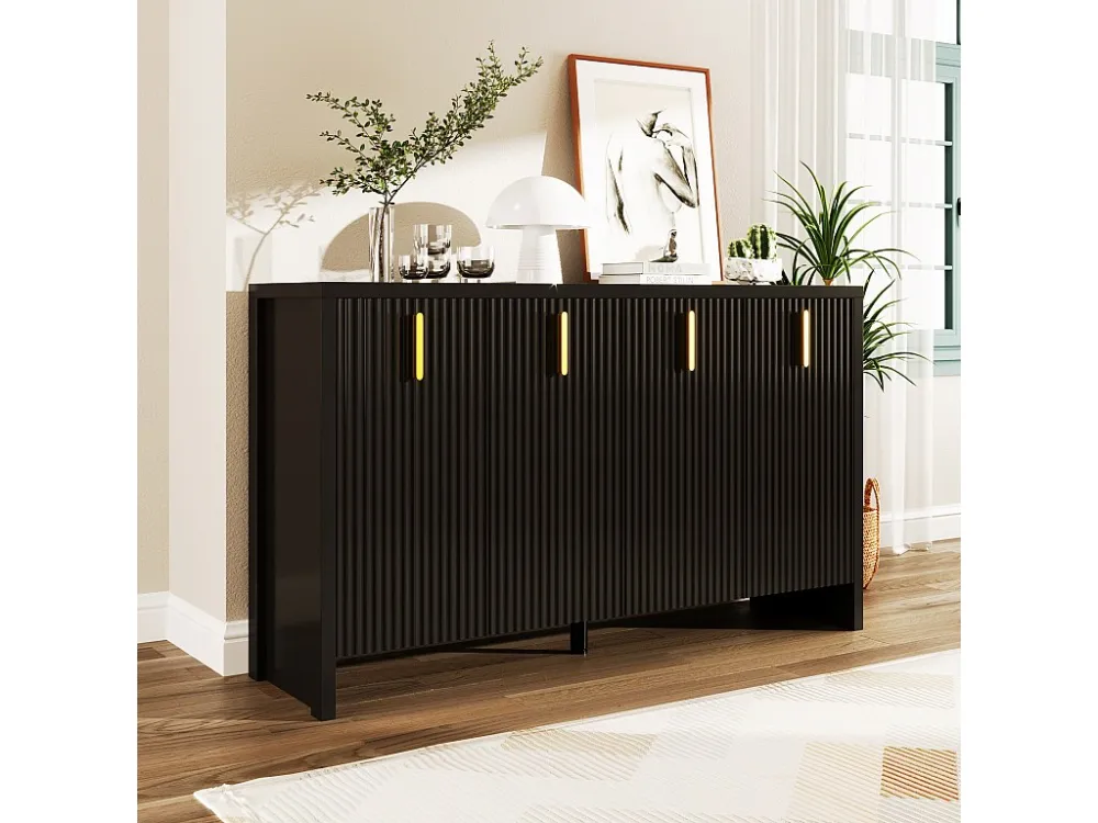 Modern laag dressoir met 4 deuren - Gouden handgrepen - Verticaal gestreept patroon - Spaanplaat - Zwart Merax