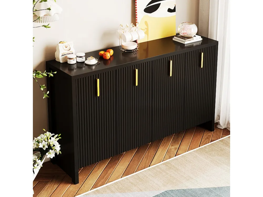 Modern laag dressoir met 4 deuren - Gouden handgrepen - Verticaal gestreept patroon - Spaanplaat - Zwart Merax
