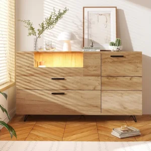 Modern laag dressoir met 4 glazen deuren - LED's - Houtpatroon - Spaanplaat - Naturel Merax