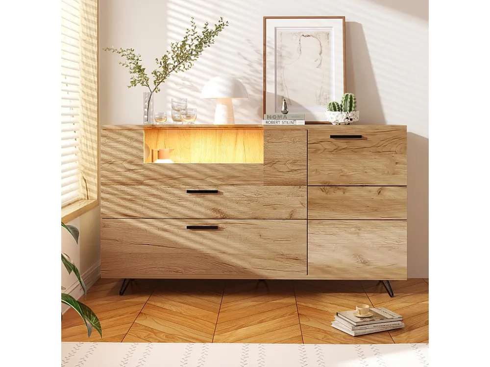 Modern laag dressoir met 4 glazen deuren - LED's - Houtpatroon - Spaanplaat - Naturel Merax