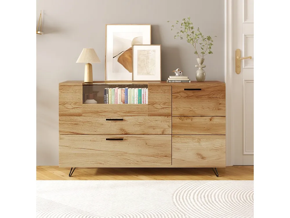 Modern laag dressoir met 4 glazen deuren - LED's - Houtpatroon - Spaanplaat - Naturel Merax