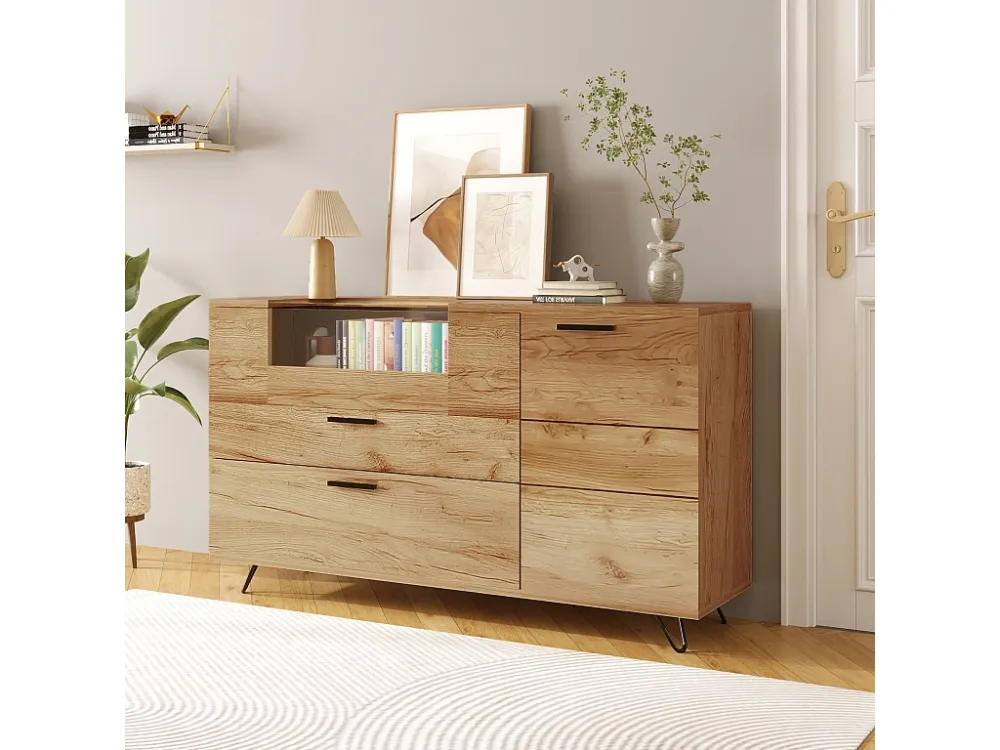 Modern laag dressoir met 4 glazen deuren - LED's - Houtpatroon - Spaanplaat - Naturel Merax