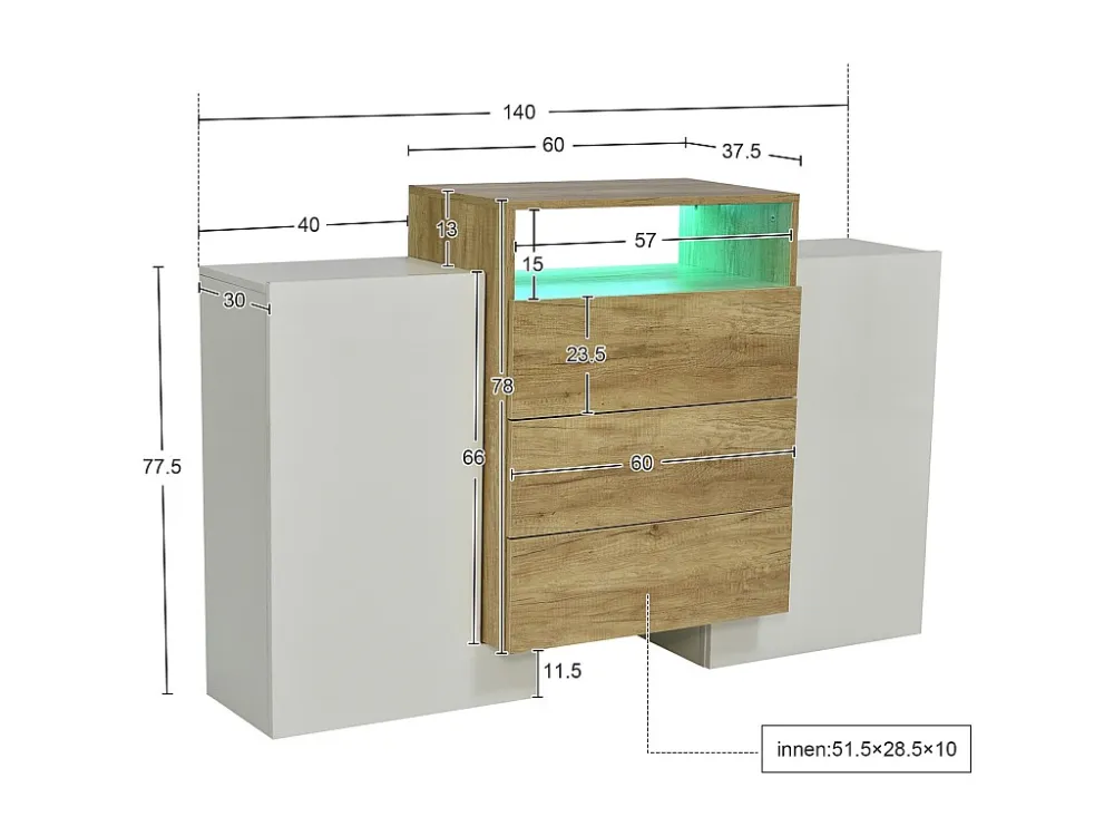 meuble buffet salon Bahut Commode structurée moderne en bois avec tiroirs de rangement -L 140 x P 30 x H 78 cm