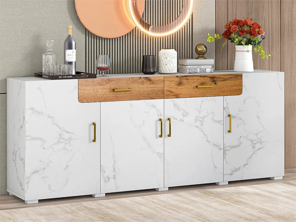 Buffet L 200cm - 4 portes avec 2 tiroirs - Blanc ModernLuxe