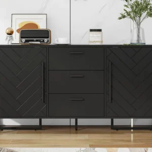 Dressoir 2 deuren en 3 laden met verstelbare planken - visgraatpatroon - Zwart ModernLuxe