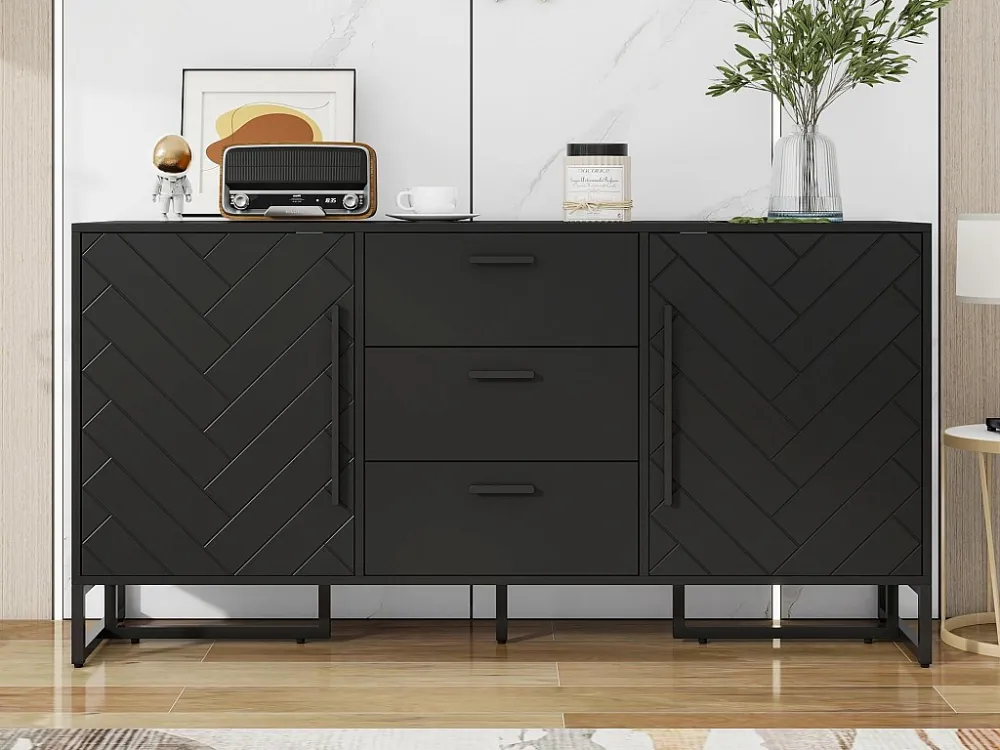 Dressoir 2 deuren en 3 laden met verstelbare planken - visgraatpatroon - Zwart ModernLuxe