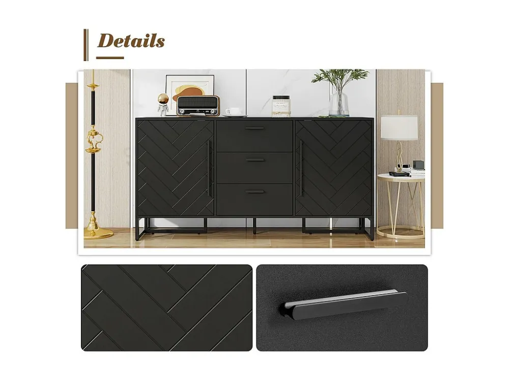 Dressoir 2 deuren en 3 laden met verstelbare planken - visgraatpatroon - Zwart ModernLuxe