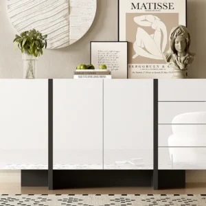 Dressoir 2 deuren en 4 lades - glanzende uitstraling - Wit & Zwart ModernLuxe
