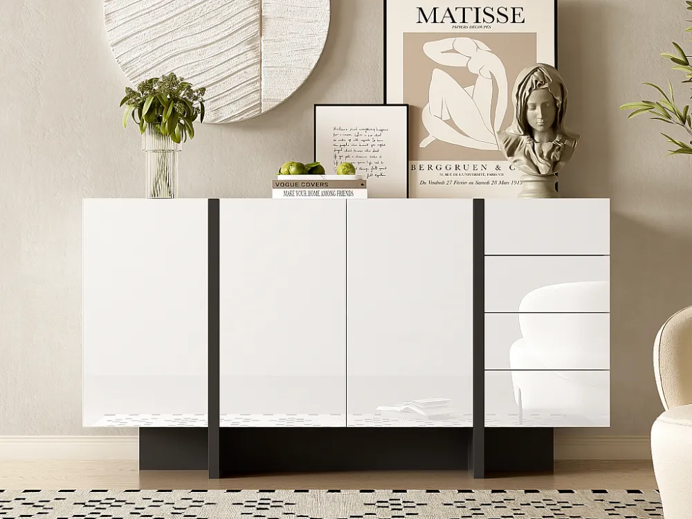 Dressoir 2 deuren en 4 lades - glanzende uitstraling - Wit & Zwart ModernLuxe