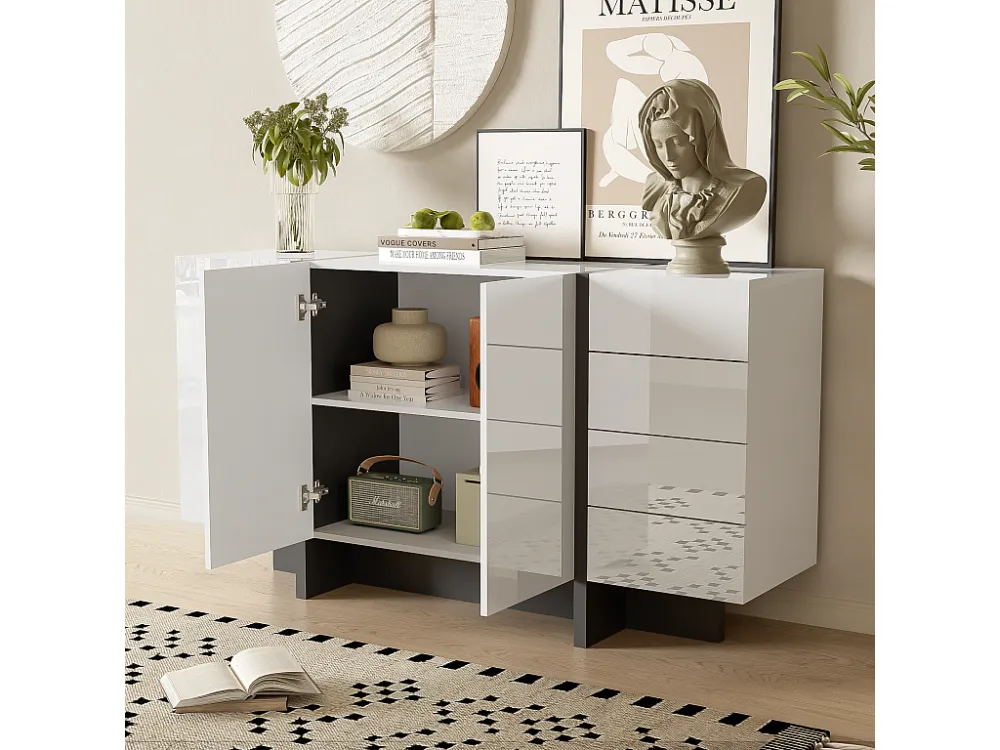 Dressoir 2 deuren en 4 lades - glanzende uitstraling - Wit & Zwart ModernLuxe