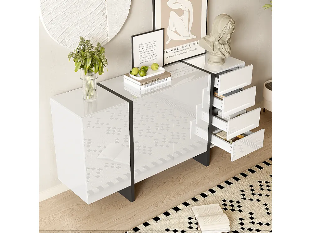 Dressoir 2 deuren en 4 lades - glanzende uitstraling - Wit & Zwart ModernLuxe