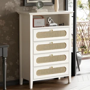 Dressoir - kleine rotan ladekast - massief houten poten - gelakt - wit ModernLuxe