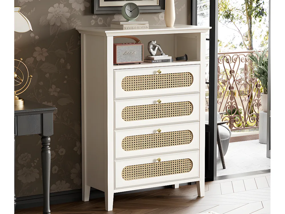Dressoir - kleine rotan ladekast - massief houten poten - gelakt - wit ModernLuxe