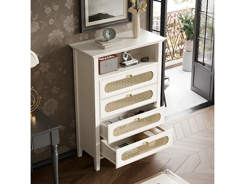 Dressoir - kleine rotan ladekast - massief houten poten - gelakt - wit ModernLuxe