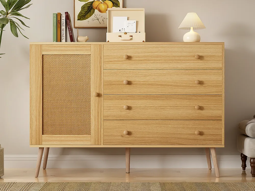 Dressoir 4 lades en 1 kast met 2 planken - Naturel ModernLuxe