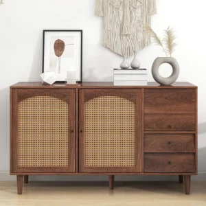 Dressoir met 3 deuren en 2 laden - deuren van geweven hars - landelijke stijl - Bruin ModernLuxe