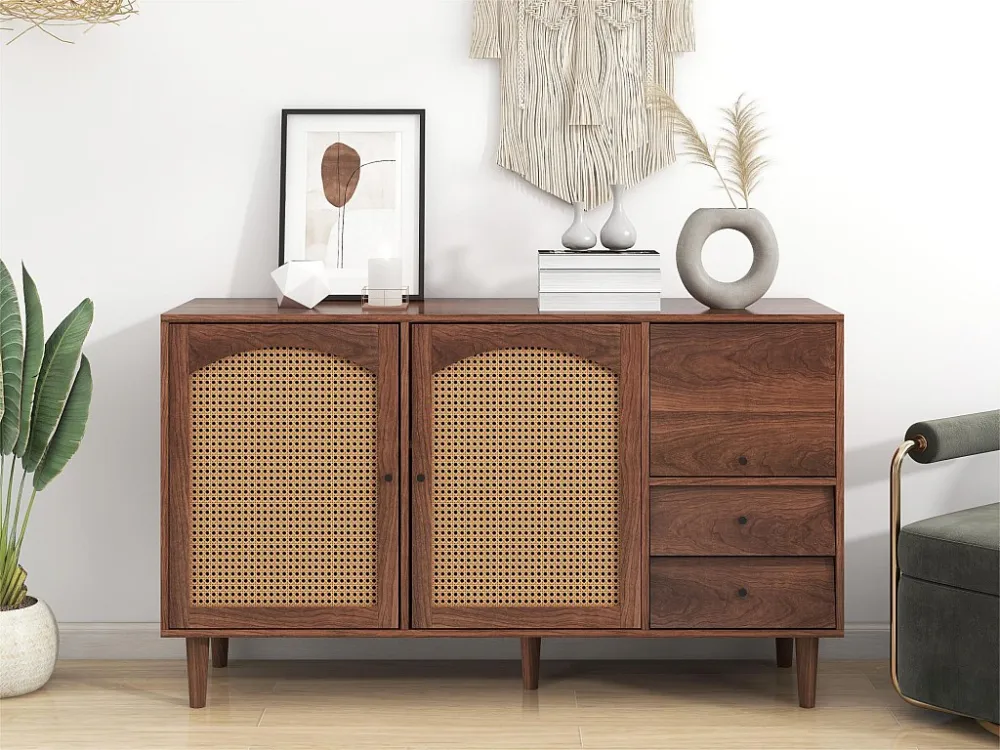Dressoir met 3 deuren en 2 laden - deuren van geweven hars - landelijke stijl - Bruin ModernLuxe