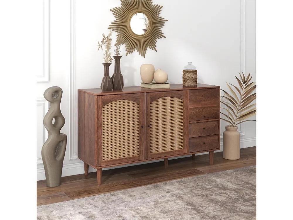 Dressoir met 3 deuren en 2 laden - deuren van geweven hars - landelijke stijl - Bruin ModernLuxe