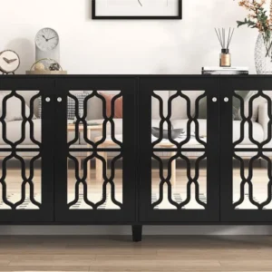 Dressoir met 4 deuren en schuifplanken - spiegelafwerking - kristallen handgreep - zwart ModernLuxe