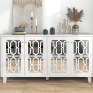Dressoir met 4 deuren en schuifplanken - spiegelafwerking - kristallen handgreep - wit ModernLuxe
