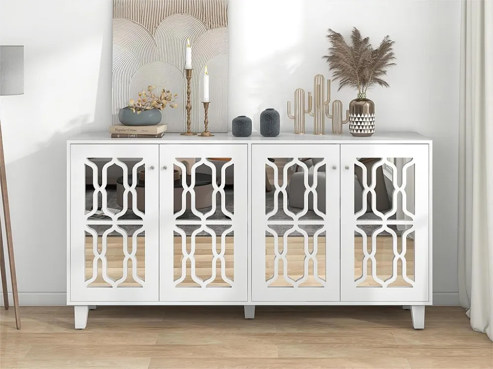 Dressoir met 4 deuren en schuifplanken - spiegelafwerking - kristallen handgreep - wit ModernLuxe