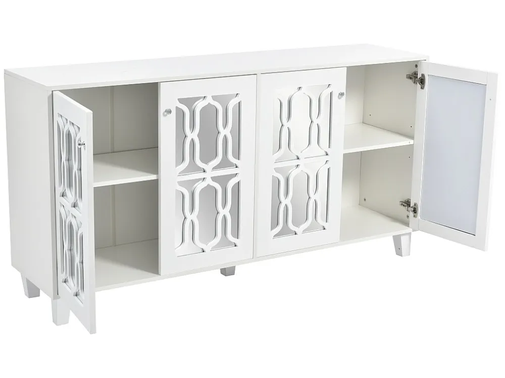 Dressoir met 4 deuren en schuifplanken - spiegelafwerking - kristallen handgreep - wit ModernLuxe