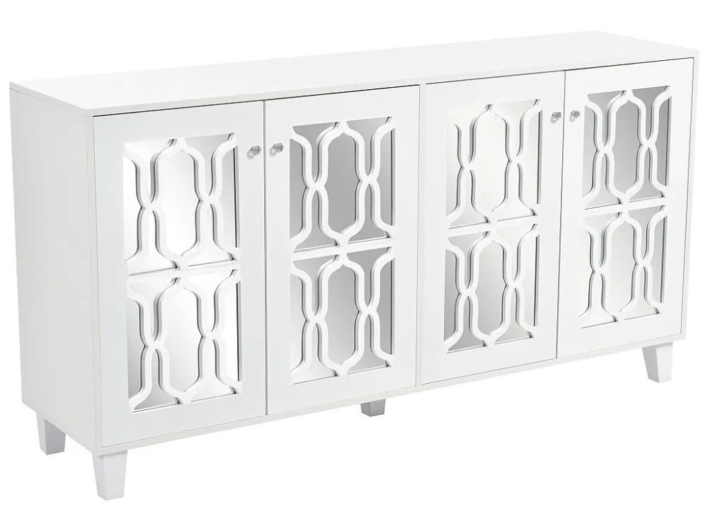 Dressoir met 4 deuren en schuifplanken - spiegelafwerking - kristallen handgreep - wit ModernLuxe