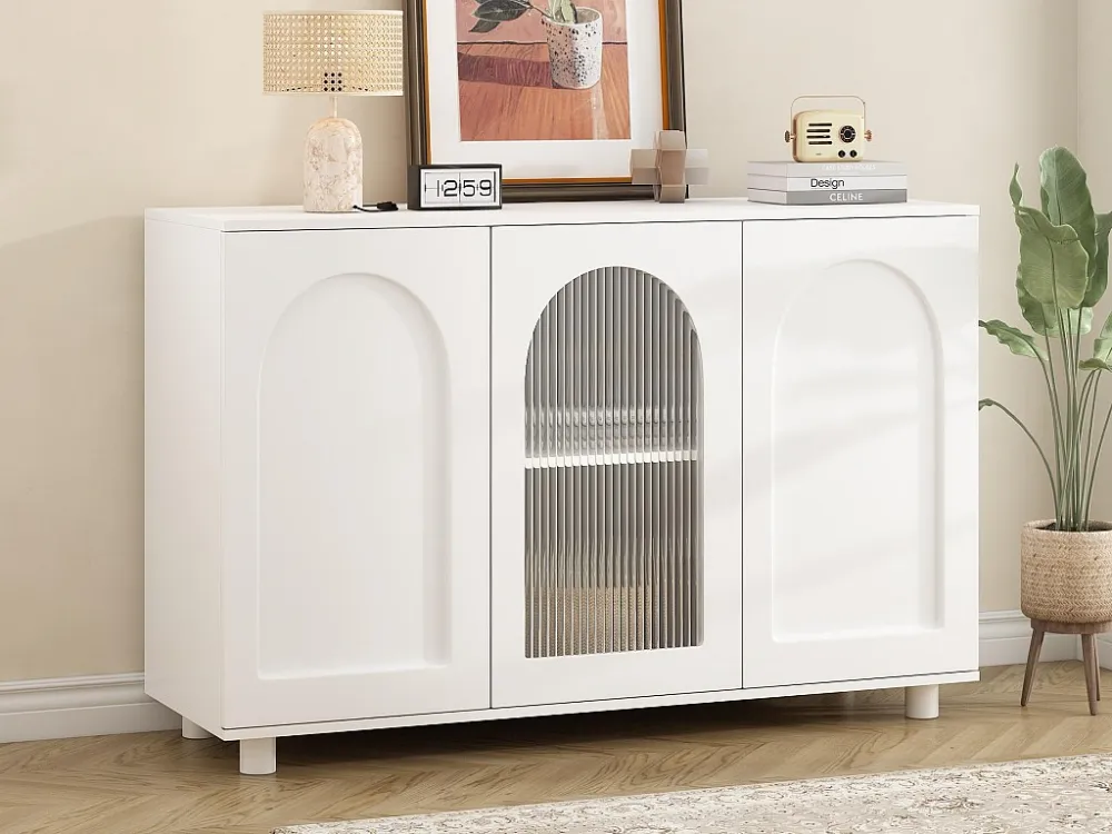 Dressoir met 3 deuren en verstelbare planken - glas en MDF - Wit ModernLuxe