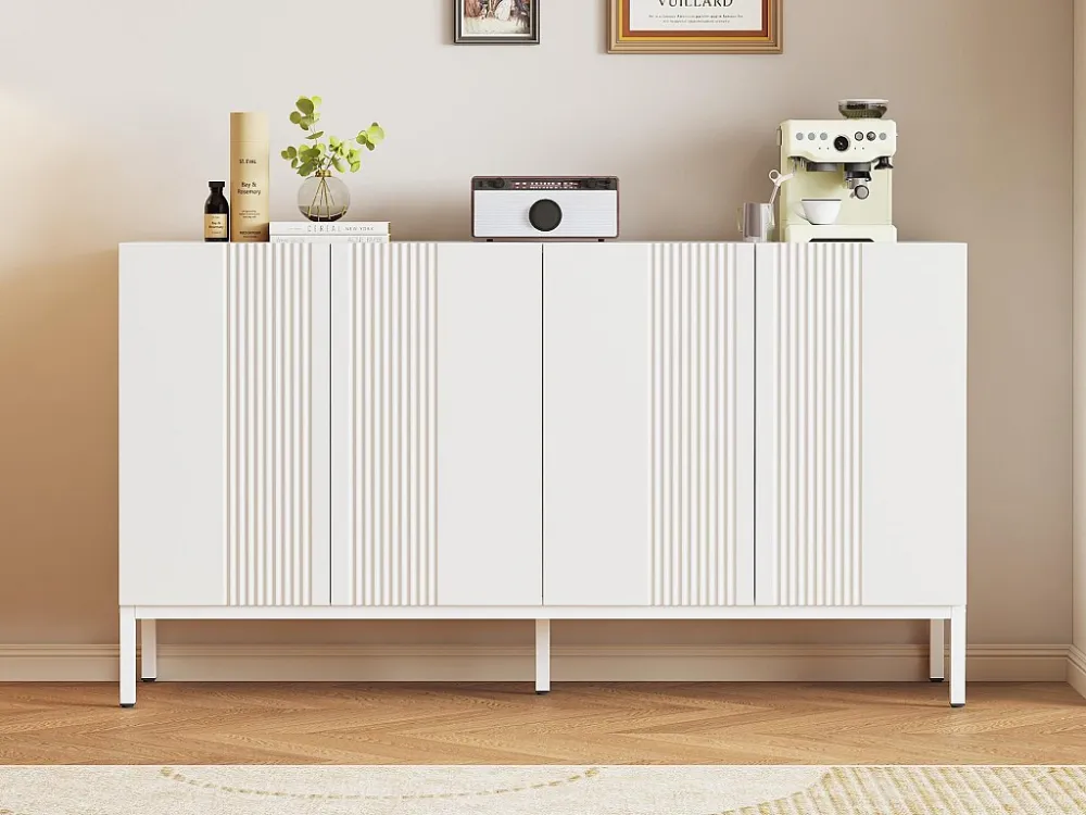 Dressoir met 4 deuren en verstelbare planken - verticale strepen - Wit ModernLuxe